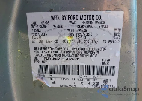 2006 Ford Escape Xls/Xls Manual из США, поврежденный, VIN 1FMYU02Z56KD24881